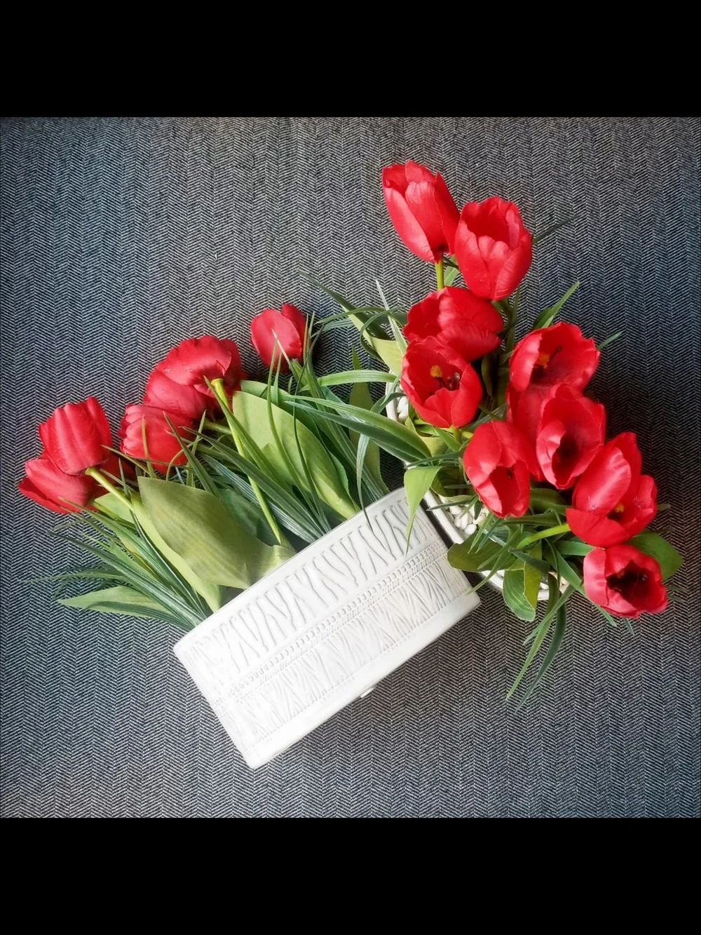Red Tulips Artificial Arrangement in White Glazed Ceramic Planter